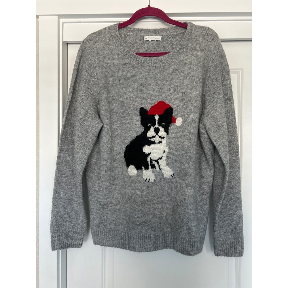 Cupcakes and Cashmere Womens Gray Christmas Santa Dog Frenchie Sweater Granny L